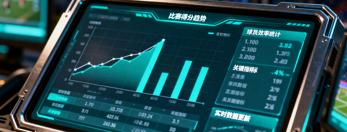 体育数据分析屏幕，展示比赛统计图表与数据面板